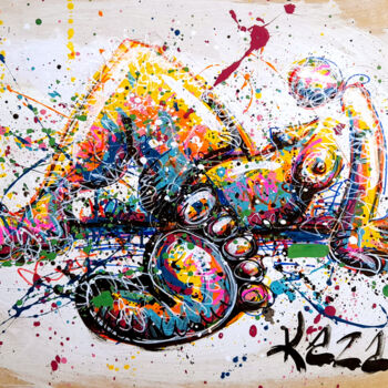 Картина под названием "Lola attend son pri…" - Kaza, Подлинное произведение искусства, Акрил Установлен на Деревянная панель