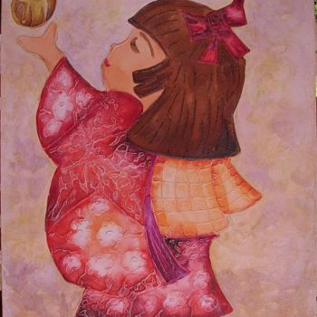 Painting titled "Menina com Bola" by H. Kazu Maia, Original Artwork