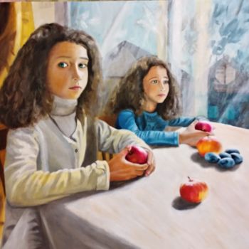 Painting titled "Девочки с яблоками" by Mrde2016, Original Artwork, Oil