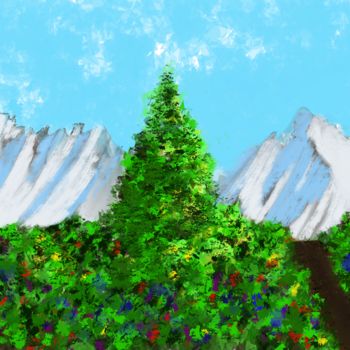 Digitale Kunst mit dem Titel "Bergsicht mit Bäumen" von Keep Magic, Original-Kunstwerk, Digitale Malerei