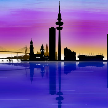 Arts numériques intitulée ""Skyline Hamburg"" par Keep Magic, Œuvre d'art originale, Peinture numérique Monté sur Châssis en…