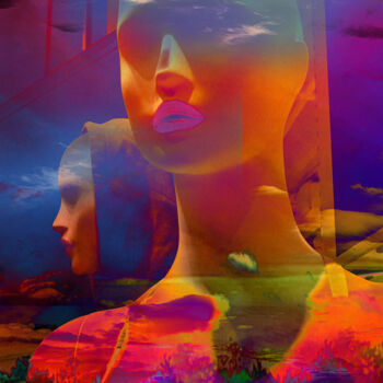 Arts numériques intitulée "La tête dans les nu…" par Kellestom, Œuvre d'art originale, Travail numérique 2D Monté sur Alumin…