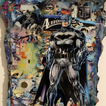 Collages intitolato "Batman Gucci Superm…" da Kellnington, Opera d'arte originale, Resina Montato su Pannello di legno