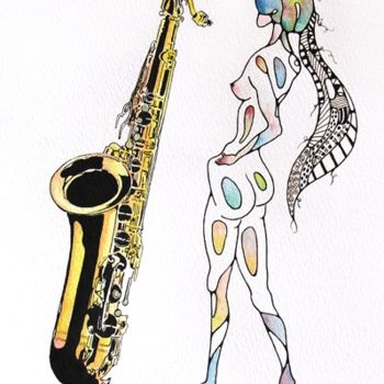 Drawing titled "Femme au saxo" by Kempfi, Original Artwork, Other