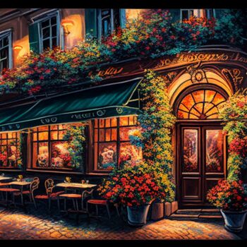 Digitale Kunst getiteld "Romantic Cafe Zurich" door Kenny Landis, Origineel Kunstwerk, AI gegenereerde afbeelding