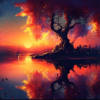 Arte digitale intitolato "Sunrise at a Tree" da Kenny Landis, Opera d'arte originale, Immagine generata dall'IA