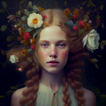 "Young Woman - Flowe…" başlıklı Dijital Sanat Kenny Landis tarafından, Orijinal sanat, AI tarafından oluşturulan görüntü
