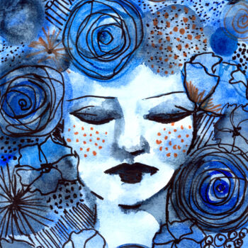 Картина под названием "Blue moon" - Kenza Chraibi, Подлинное произведение искусства, Акварель