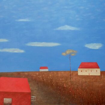 Malarstwo zatytułowany „Houses In The Fields” autorstwa Kestutis Jauniskis, Oryginalna praca, Olej