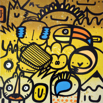 Painting titled "Yellow crowd" by Kev Munday, Original Artwork, Marker Mounted on Wood Stretcher frame