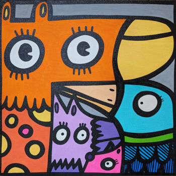 Painting titled "Animal Cube" by Kev Munday, Original Artwork, Acrylic Mounted on Wood Stretcher frame