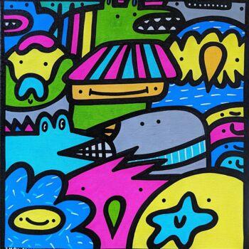 제목이 "Neon Pastel Pals"인 미술작품 Kev Munday로, 원작, 아크릴 나무 들것 프레임에 장착됨