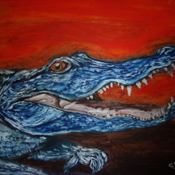 Painting titled "L'aligator bleu" by Kevin Chripko, Original Artwork, Oil