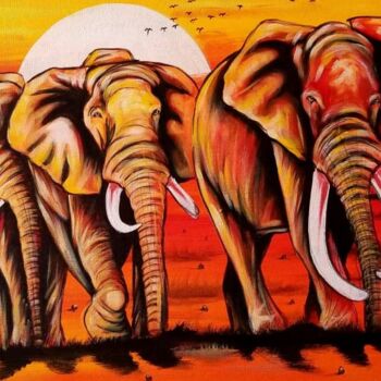 Painting titled "Elephants Walk at S…" by Kevin Jjagwe, Original Artwork, Acrylic