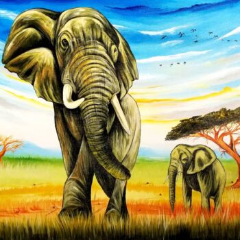 Painting titled "Savanna elephants." by Kevin Jjagwe, Original Artwork, Acrylic