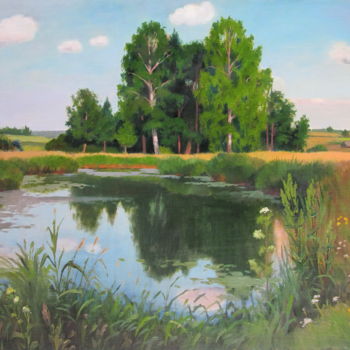 Painting titled "Sunny evening on r.…" by Valerii Khabarov, Original Artwork, Oil