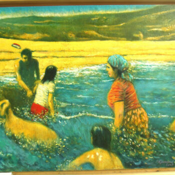 Painting titled "Le bain du mouton" by Khaled Guemroud, Original Artwork, Oil Mounted on Wood Stretcher frame