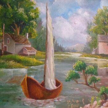 Painting titled "ship in a country s…" by Khaled Inc, Original Artwork, Oil