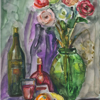 Malarstwo zatytułowany „розы  в  зеленой  в…” autorstwa Жанна Митин, Oryginalna praca, Akwarela