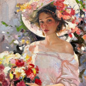 Картина под названием "Woman with flowers" - Khanlar Asadullayev, Подлинное произведение искусства, Масло