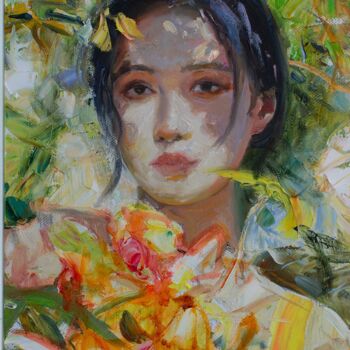 Painting titled "Girl With Flowers" by Khanlar Asadullayev, Original Artwork, Oil