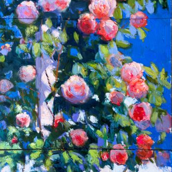 Pittura intitolato "Roses and Summer Sky" da Khanlar Asadullayev, Opera d'arte originale, Olio Montato su Cartone