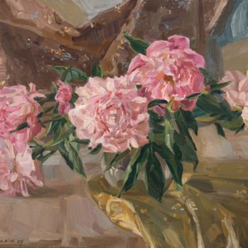 Painting titled "Pink peonies" by Valeriy Kharchenko, Original Artwork, Oil