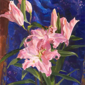 绘画 标题为“Pink lilies and Chi…” 由Valeriy Kharchenko, 原创艺术品, 油