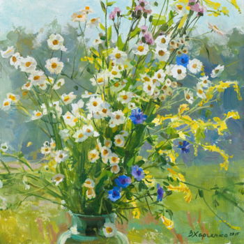 Painting titled "Camomiles in the sun" by Valeriy Kharchenko, Original Artwork, Oil
