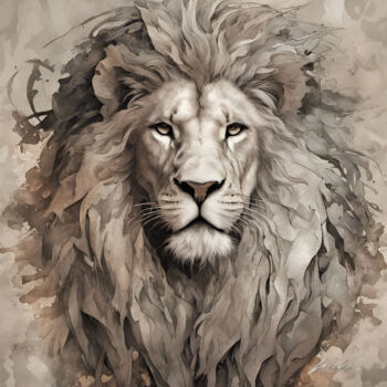 Digital Arts titled "LION #1" by Khélène, Original Artwork, Digital Painting Mounted on Wood Stretcher frame