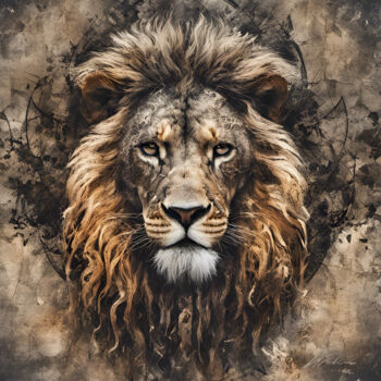 Digital Arts titled "LION #2" by Khélène, Original Artwork, Digital Painting Mounted on Wood Stretcher frame