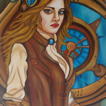Schilderij getiteld "female pilot" door Khrestos Papanastasiou, Origineel Kunstwerk, Olie Gemonteerd op Frame voor houten br…