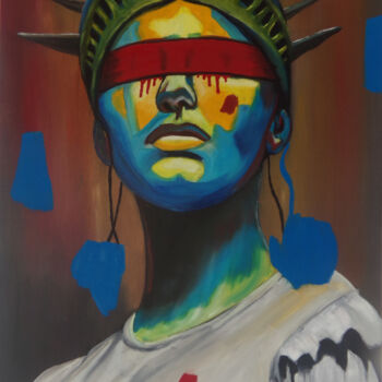 Painting titled "Statue of Liberty" by Khrestos Papanastasiou, Original Artwork, Oil Mounted on Wood Stretcher frame