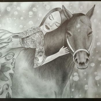 Painting titled "Девушка на лошади" by Diana Gorbenko, Original Artwork, Silverpoint