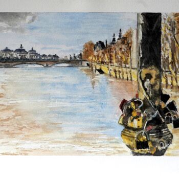 「Les cadenas du pont…」というタイトルの絵画 Kijaによって, オリジナルのアートワーク, 水彩画