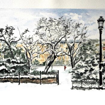 Pintura intitulada "La neige à Paris" por Kija, Obras de arte originais, Aquarela
