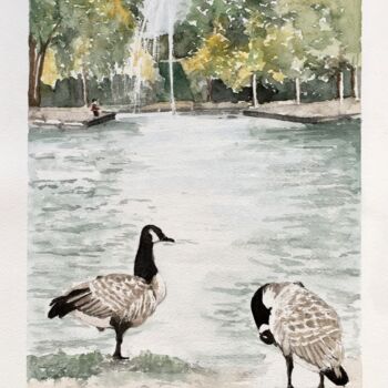 Peinture intitulée "Les oies du Parc de…" par Kija, Œuvre d'art originale, Aquarelle