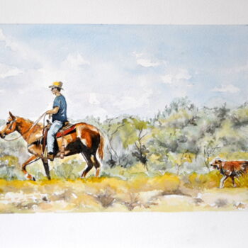 Painting titled "lonely cowboy ... e…" by Kija, Original Artwork, Watercolor