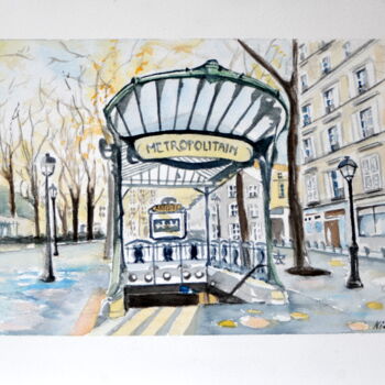 Painting titled "Station de métro Ab…" by Kija, Original Artwork, Watercolor