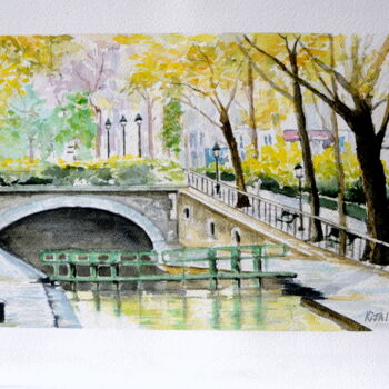 Painting titled "Le canal Saint-Mart…" by Kija, Original Artwork, Watercolor