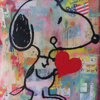 Peinture intitulée "SNOOPY AMOUREUX" par Kikayou, Œuvre d'art originale, Acrylique Monté sur Châssis en bois