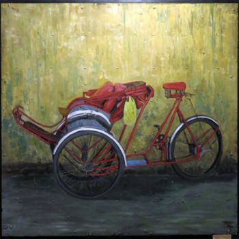 Painting titled "Red cyclo by Võ Văn…" by Cau Vong Art Studio, Original Artwork, Oil