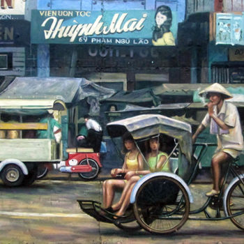 Картина под названием "Shopping Saigon str…" - Cau Vong Art Studio, Подлинное произведение искусства, Масло