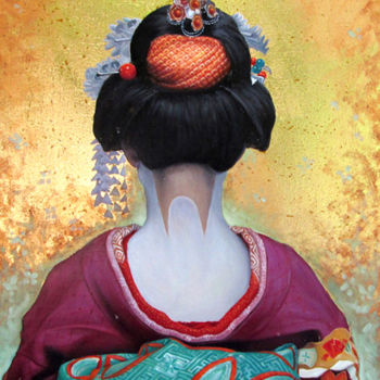 Painting titled "Blue geisha by Nguy…" by Cau Vong Art Studio, Original Artwork, Oil