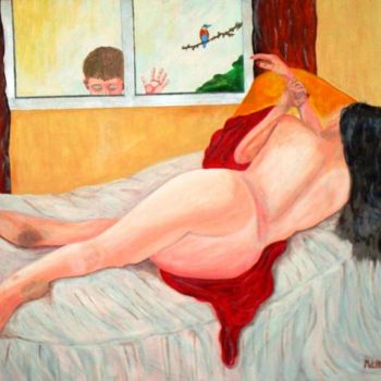 Painting titled "Mulher Curiosidade" by Kim Molinero, Original Artwork, Oil