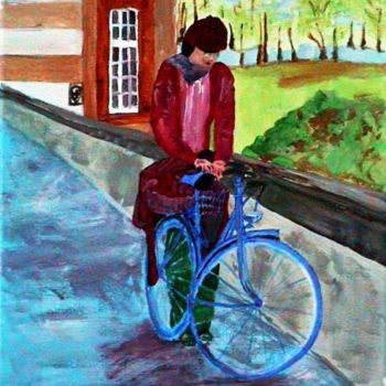 Painting titled "Bicicleta Azul" by Kim Molinero, Original Artwork, Oil