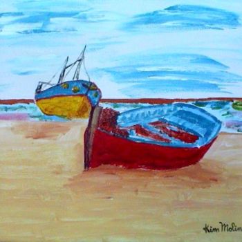 Painting titled "2 barcos lagoa óbid…" by Kim Molinero, Original Artwork, Oil