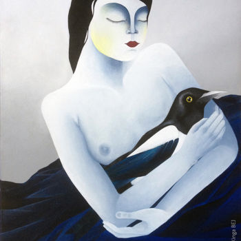 Painting titled "femme à l'oiseau 02" by Kinga Bej, Original Artwork, Acrylic