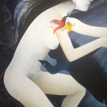 Pittura intitolato "femme à l'oiseau 1" da Kinga Bej, Opera d'arte originale, Acrilico