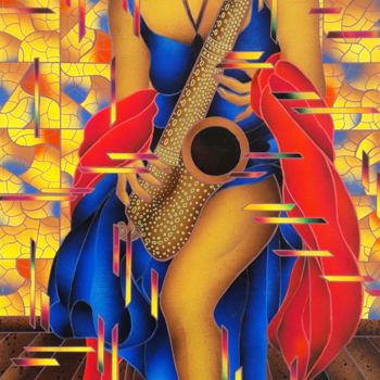 Pintura intitulada "La Sassofonista" por Kino Mistral, Obras de arte originais, Acrílico Montado em Armação em madeira